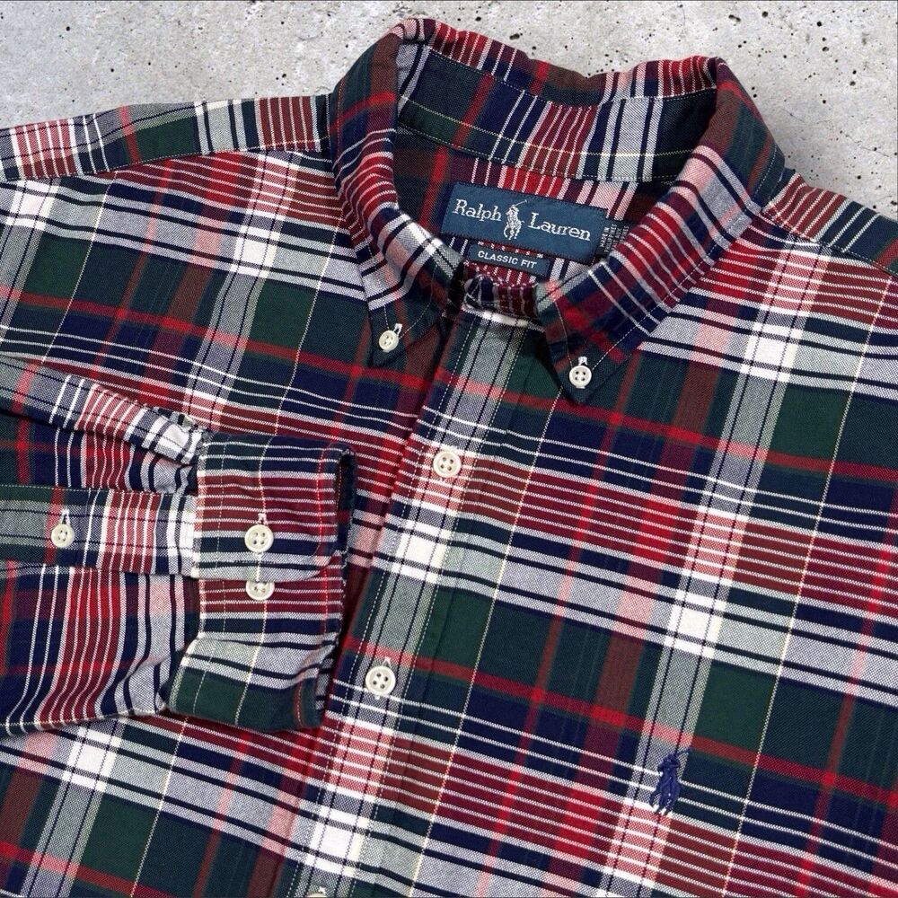 Ralph Lauren Oxford Cloth Shirt Mens 17 34/35 Classic Fit Red Blue Plaid Cotton